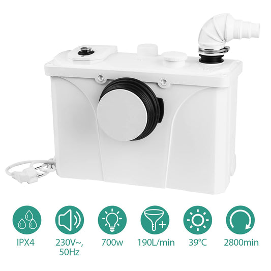 Ansobea 700W Sewage Pumping System, 190L/min Dirty Water Pumps, Small Pumping System, Very Quiet Sewage Pump 4 in 1, For Toilet, Shower and Washbasin