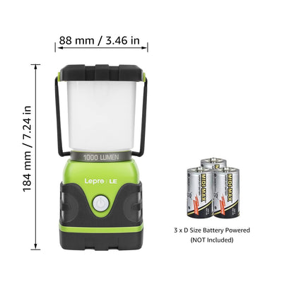 The LE LED camping lantern, ultra bright with 1000 lumens, 3 adjustable brightness levels, battery-powered emergency light for power outages, camping, emergencies, and more.