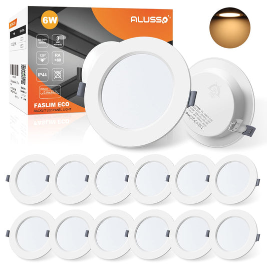 ALUSSO® LED Recessed Spotlight 230V Ultra Flat 6W 420LM LED Bathroom Spots, 3000K Warm White Ceiling Spots IP44 Recessed Lights for Living Room Kitchen, Diameter 118MM, Cutout 95-100MM, Set of 12