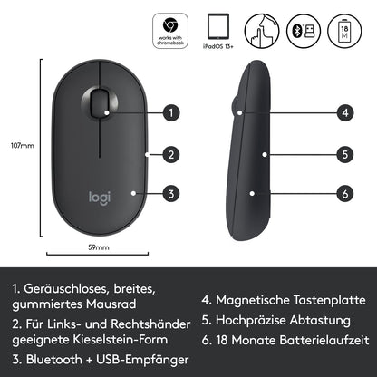 Logitech M350 Pebble Wireless Mouse, Bluetooth and 2.4 GHz connection via Nano USB receiver, 18-month battery life, 3 buttons, silent clicking and scrolling, for PC/Mac/iPadOS - Graphite