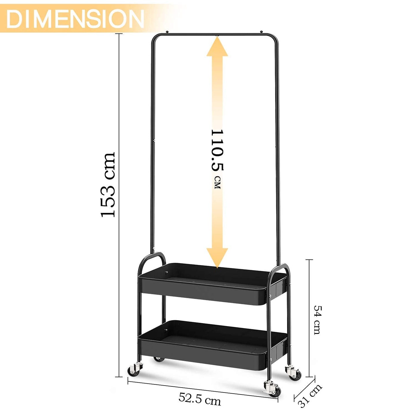Kingrack clothes rail, metal coat rack, clothes rail with wheels, bedroom clothes stand, freestanding shelf cart with 2-tier storage shelf, heavy duty trolley multipurpose cart in black.