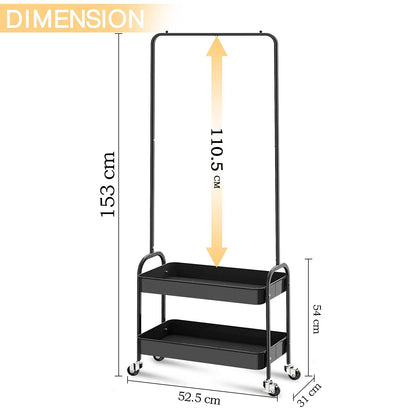 Kingrack clothes rail, metal coat rack, clothes rail with wheels, bedroom clothes stand, freestanding shelf cart with 2-tier storage shelf, heavy duty trolley multipurpose cart in black.