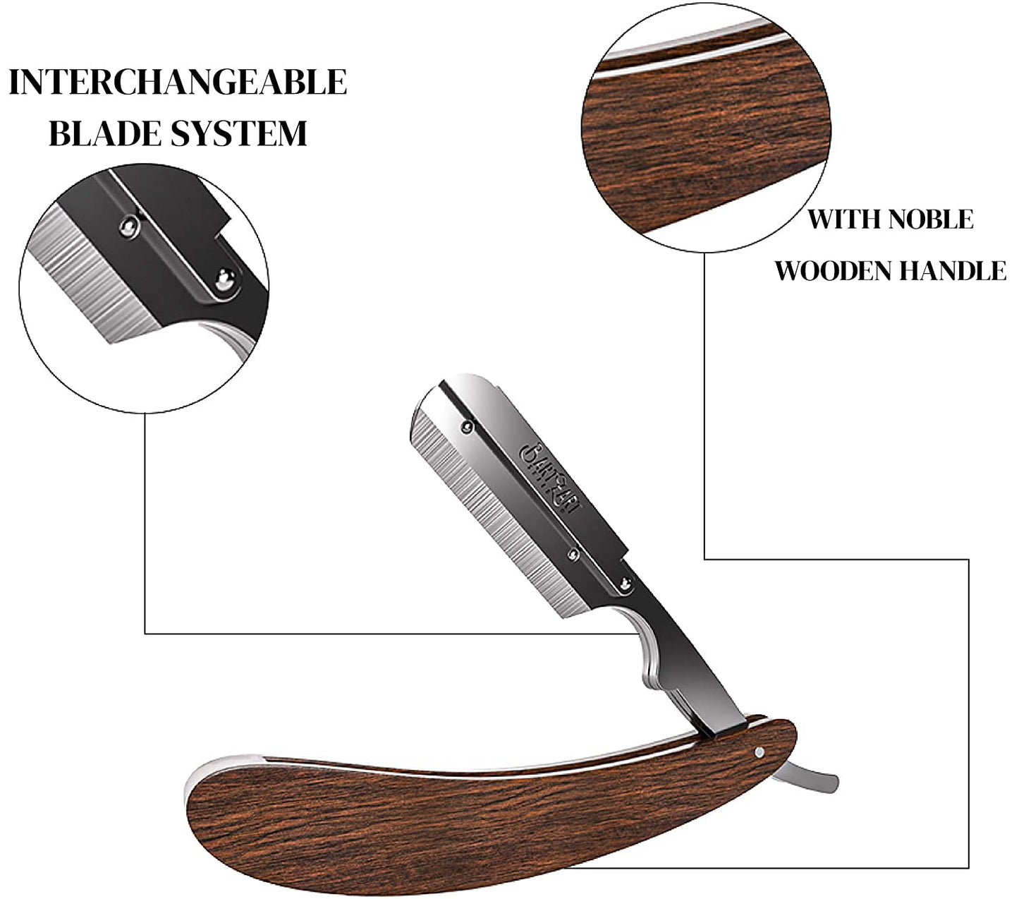 BartZart razor with interchangeable blade system. Premium razor set with wooden handle, including case and razor blades from Astra. Men's razor, beard tool.