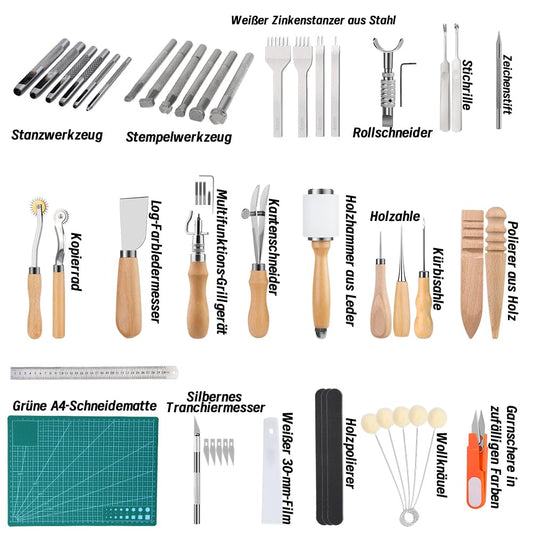 Wamkon leather crafting tools leather crafting sets leather sewing tools with storage bag cutting mat stamping tool pricking iron stitching groove for DIY sewing cutting and stitching.