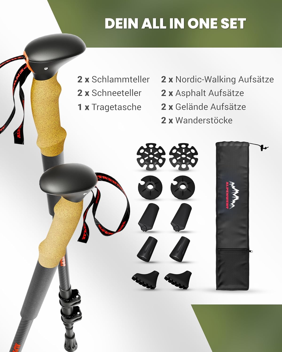 ALPENWERT - Hiking Poles [Carbon & Aluminium] Walking poles for women and men - Telescopic trekking poles with cork grip for hiking, Nordic walking, and ski tours (ultralight carbon)