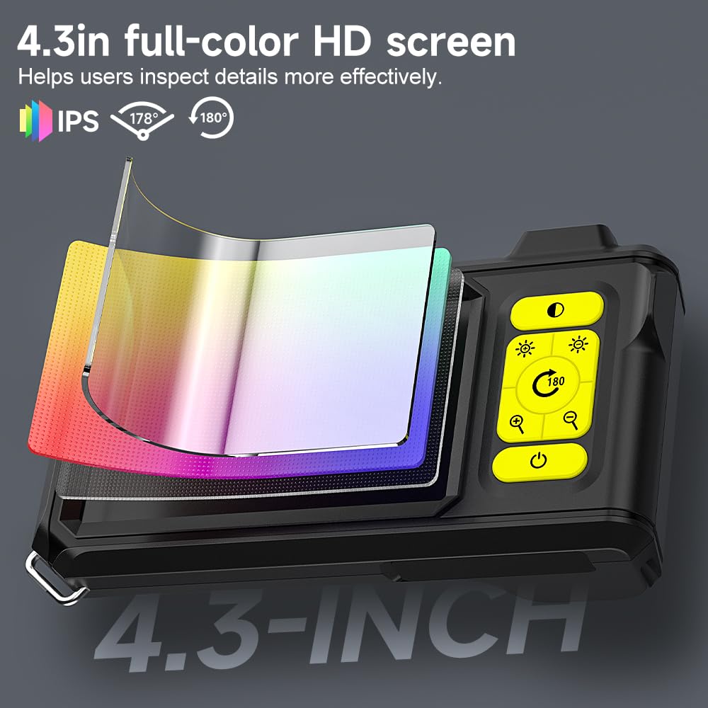 ILIHOME endoscope camera with light, industrial endoscope inspection camera 4.3 IPS screen waterproof snake camera pipe camera channel endoscope camera with 8 LED lights-5M