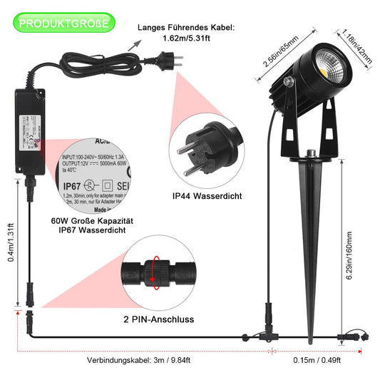 AIMHEIM 10-piece LED garden lights with ground stake, 3W garden light with plug, 3750LM, IP65 waterproof, garden spotlights outdoor spotlight warm white for garden, terrace, plants, paths.