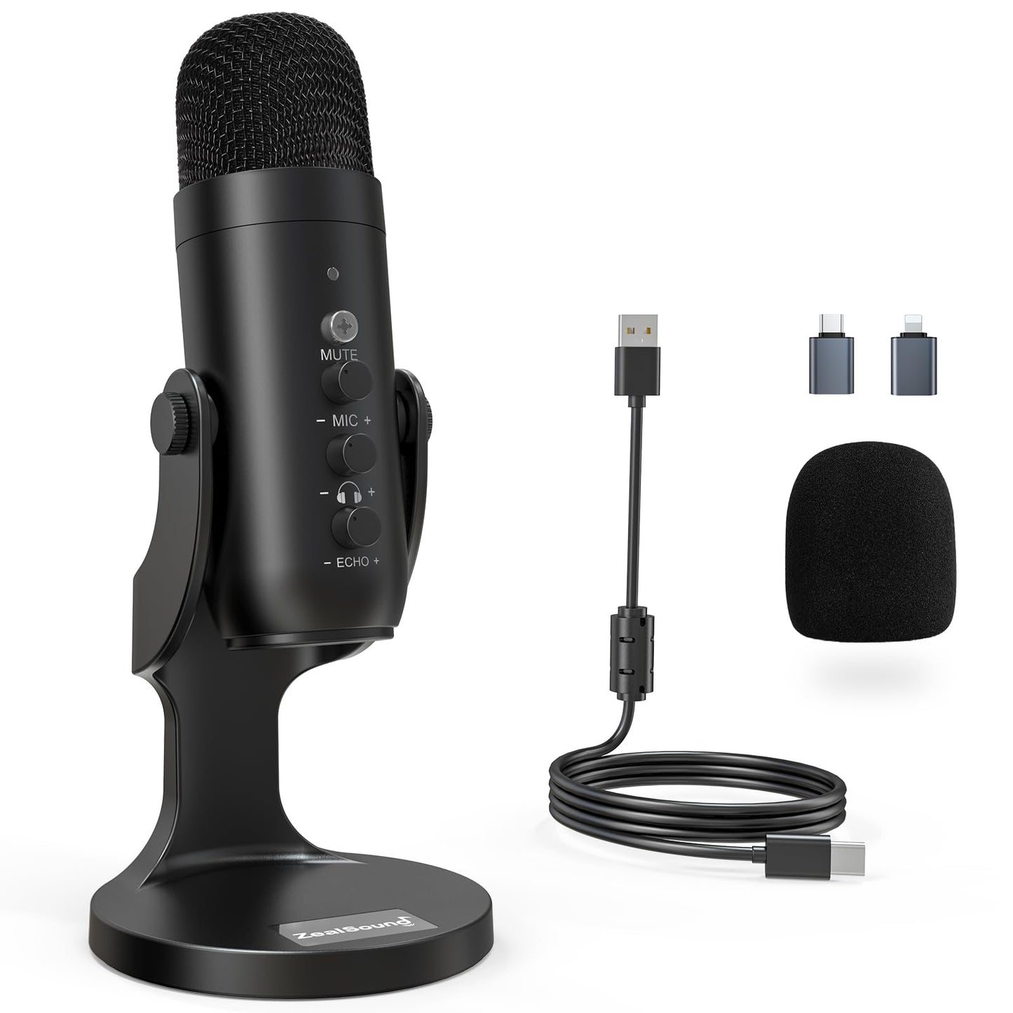 ZealSound USB Microphone, Plug & Play Condenser Mic for PC/iPhone/phone with Noise Cancellation & Mute - for Podcasts, Streamers, Gamers, YouTube, ASMR on Mac Windows PS5 - incl. USB-C & Lightning Adapter