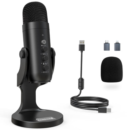ZealSound USB Microphone, Plug & Play Condenser Mic for PC/iPhone/phone with Noise Cancellation & Mute - for Podcasts, Streamers, Gamers, YouTube, ASMR on Mac Windows PS5 - incl. USB-C & Lightning Adapter