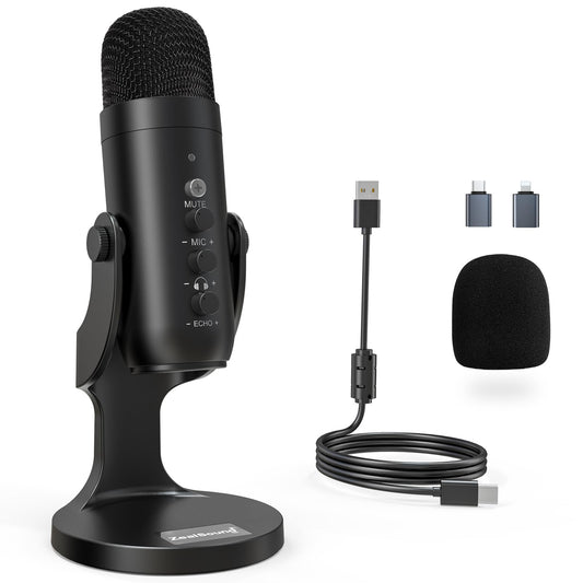 ZealSound USB Microphone, Plug & Play Condenser Mic for PC/iPhone/phone with Noise Cancellation & Mute - for Podcasts, Streamers, Gamers, YouTube, ASMR on Mac Windows PS5 - incl. USB-C & Lightning Adapter