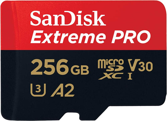 SanDisk Extreme PRO microSDXC UHS-I Memory Card 256GB + Adapter & RescuePRO Deluxe (For smartphones, action cameras, or drones, A2, Class 10, V30, U3, 200MB/s transfer)