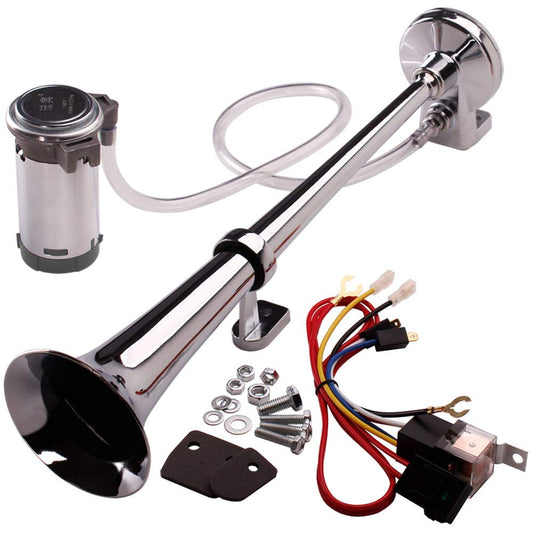 FARBIN 24V 150db Train Air Horn Super Loud 18 Inch Chrome Zinc Single Trumpet Truck Air Horn Kit with Compressor and Wiring Harness for All 24V Vehicles (24V, Single Tube Air Horn)