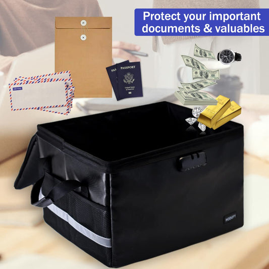 Hodufy Large Fireproof Money Box, Waterproof and Fireproof Document Box with Combination Lock and Reflective Strips, Foldable Fireproof Storage Box for Organizing Document Bag/Hanging File.
