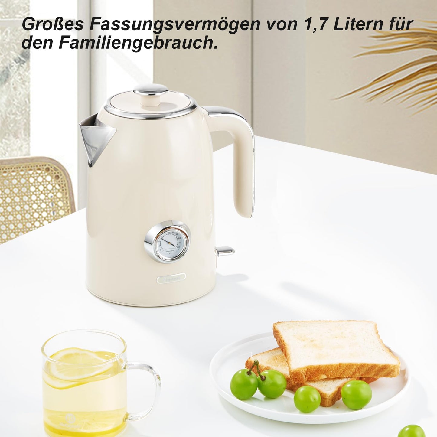 Wiltal Electric Kettle [1.7L, 2200W], Retro Cream, Stainless Steel, Toaster Kettle Set Retro (Water temperature display in retro design, external water level indicator) Vintage Tea Kettle.