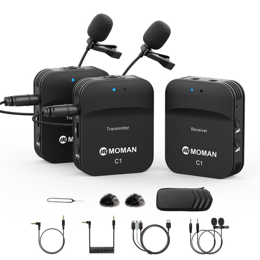 Moman Lavalier Wireless Microphone, C1X Lapel Mic System up to 50m for DSLR Camera Camcorder Smartphone PC Laptop for Interview Online Meeting and Course Live Streaming Video Recording