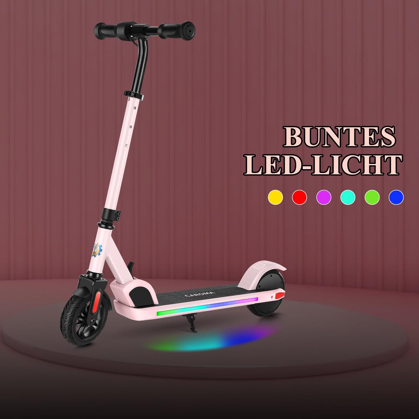 Caroma E-Scooter for kids aged 8-12, 150W motor, 16 km/h, kids' electric scooter, adjustable speed & height, colorful lights, LED display, foldable electric scooter for kids.