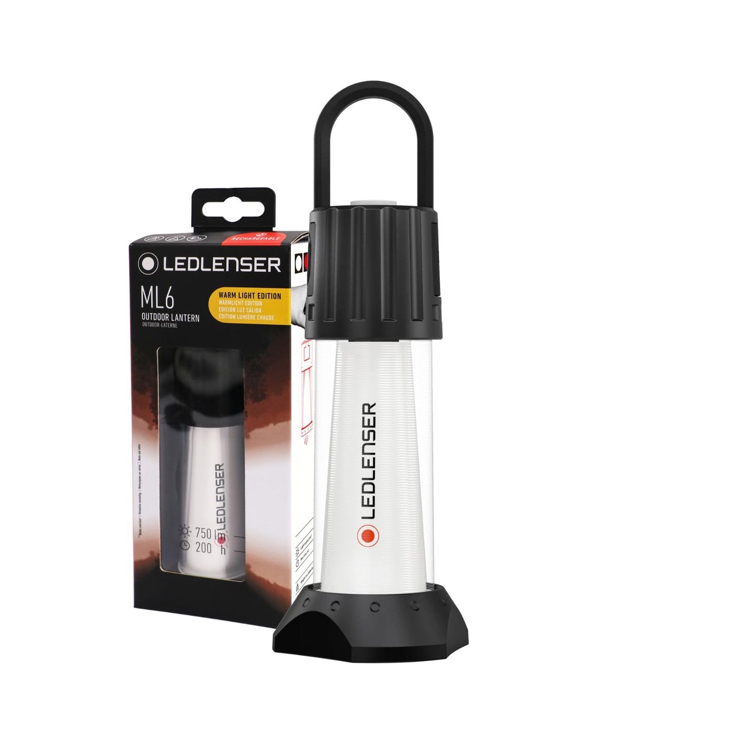 Ledlenser ML6 Warm Light LED Lantern, 750 lumens, up to 200 hours runtime, rechargeable with battery, glare-free light, power bank, with red light function, magnet, outdoor, camping, black.