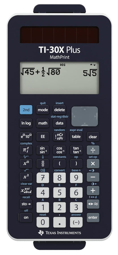 Texas Instruments TI-30X Plus MathPrint scientific calculator for middle and high school (4-line display, dark blue, solar and battery powered).