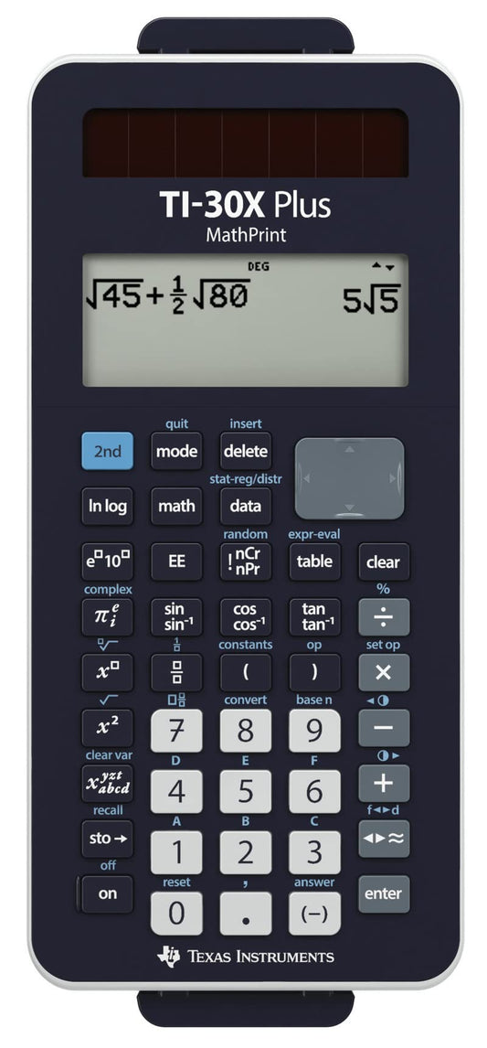 Texas Instruments TI-30X Plus MathPrint scientific calculator for middle and high school (4-line display, dark blue, solar and battery powered).