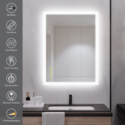 AI-LIGHTING Bathroom Mirror with Lighting 80x60 cm LED Lighted Bathroom Mirror with Socket, Fog-Free, 3 Light Colors Illuminated Mirror with Touch Switch Energy Efficient, Lunar Rectangle
