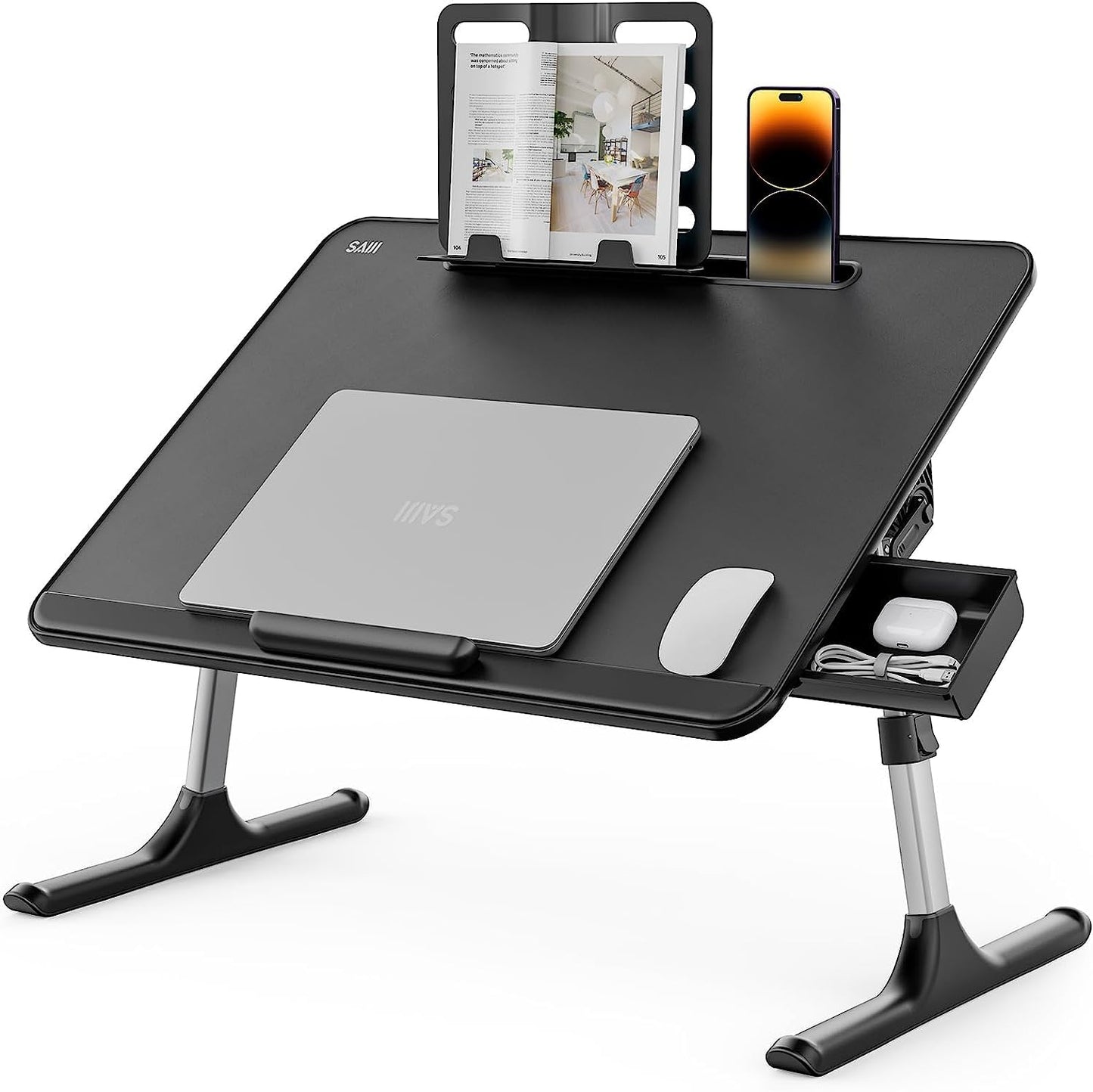 Folding Bed Table, SAIJI 60 * 40cm Laptop Desk, Adjustable Height in 5 Levels, with Book Stand, Drawer, Lap Stopper, Tablet Slot, Notebook Table for Reading or Breakfast and Drawing Table.