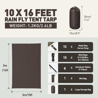 VOSOIR Tarp 3x5M Waterproof, Ultralight Camping Tent Tarp with 15 Grommets+8 Aluminum Stakes+10 Nylon Ropes, Anti-UV Snow Rain Protection, Lightweight Compact, for Hammock Camping Picnic (Dark Brown)