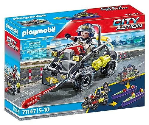PLAYMOBIL City Action 71147 SWAT Multi-Terrain Quad, convertible SWAT speedboat, toy for kids ages 5 and up.