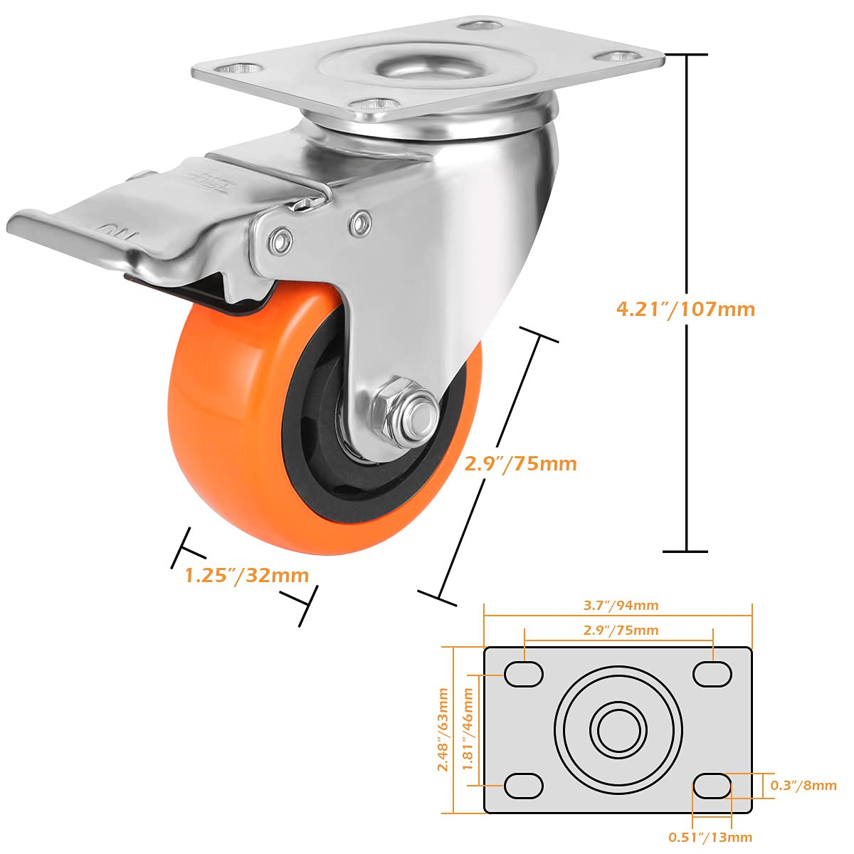 WBD WEIBIDA 75mm furniture casters with 4 brakes, double locking 360-degree polyurethane swivel casters heavy duty with 450kg load capacity, silent casters for furniture transport, table, cabinet, set of 4