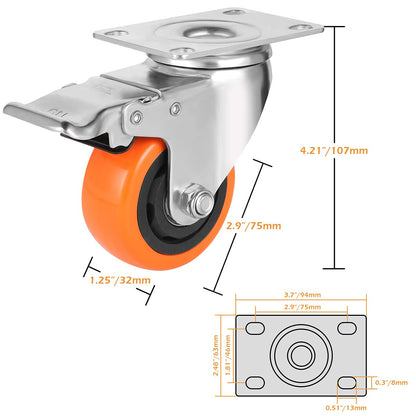 WBD WEIBIDA 75mm furniture casters with 4 brakes, double locking 360-degree polyurethane swivel casters heavy duty with 450kg load capacity, silent casters for furniture transport, table, cabinet, set of 4