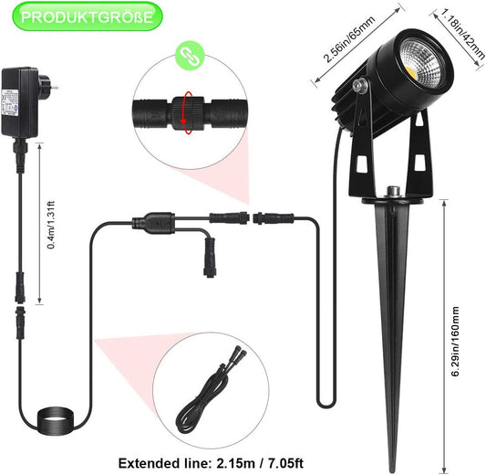 AIMHEIM 6-pack LED spotlight with stake, 3W garden light with plug, 2160LM, warm white outdoor light IP65 waterproof path lighting LED garden lighting for outdoor, wall, tree, lawn