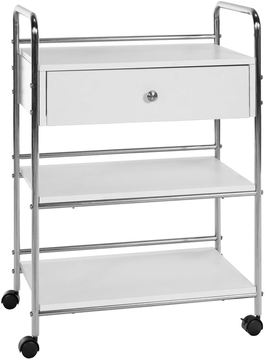CLP rolling trolley PL912 I utility cart on wheels I cosmetics trolley with drawer and THREE shelves I multi-purpose trolley, color: white