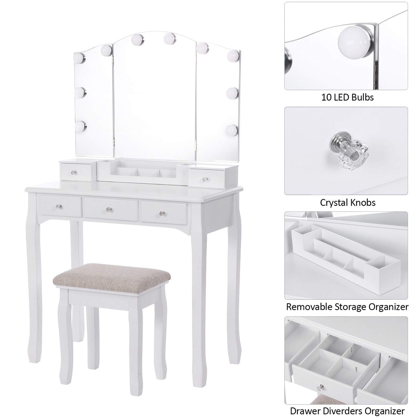 ANWBROAD Vanity Table with Lighted Mirror Tri-Folding Makeup Vanity Set 10 LED Bulbs 5 Drawers 2 DIY Dividers Cushioned Stool Removable Organizer White BDT05W