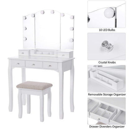 ANWBROAD Vanity Table with Lighted Mirror Tri-Folding Makeup Vanity Set 10 LED Bulbs 5 Drawers 2 DIY Dividers Cushioned Stool Removable Organizer White BDT05W