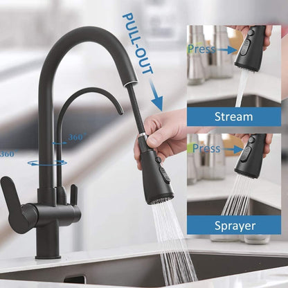 Onyzpily kitchen faucet Pure water High arc High pressure Kitchen tap with pull-out sprayer Extendable tap and 360° swivel Two spray functions Stainless steel Black
