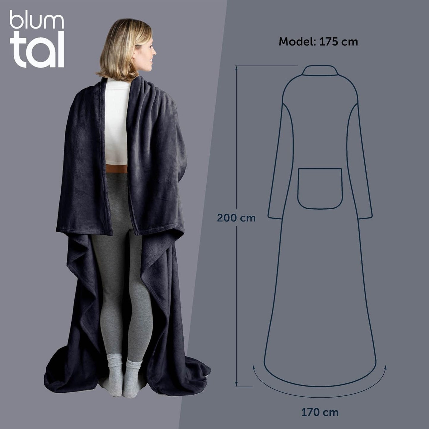 Blumtal Blanket with Sleeves Unisex - Cozy blanket with sleeves - OEKO-TEX certified blanket with sleeves and foot pocket - Sleeve blanket for women & men - Adult blanket with arms in various colors.