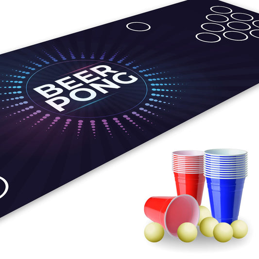 Beer Pong Set I 180 x 60 cm I Game mat with Electro Design I Incl. 22 party cups and 6 ping pong balls I Drinking game I Party games and birthday I Reusable and wipeable I dv819
