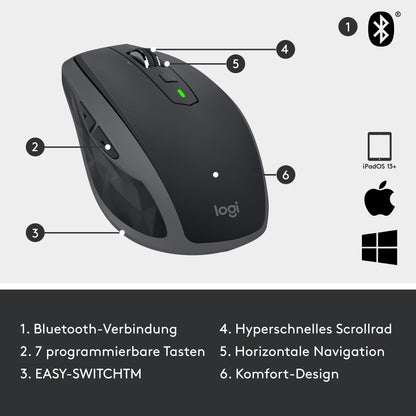 Logitech MX Anywhere 2S Bluetooth Edition wireless mouse, multiple surfaces, super fast scrolling, rechargeable, mobile, connect to up to 3 Mac/PC computers - Graphite