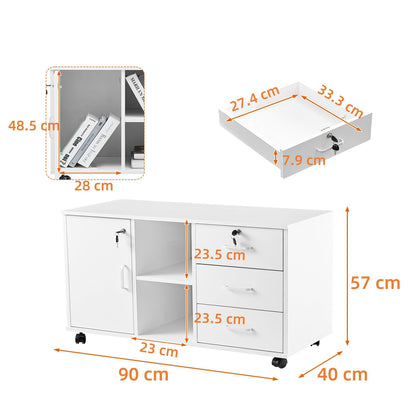 CLIPOP Rolling File Cabinet Office Cabinet with Wheels, Mobile Filing Cabinet Lockable with 3 Drawers, Closed and Open Storage Space, Under Desk Cabinet for A4 Paper, Letters, Files, White
