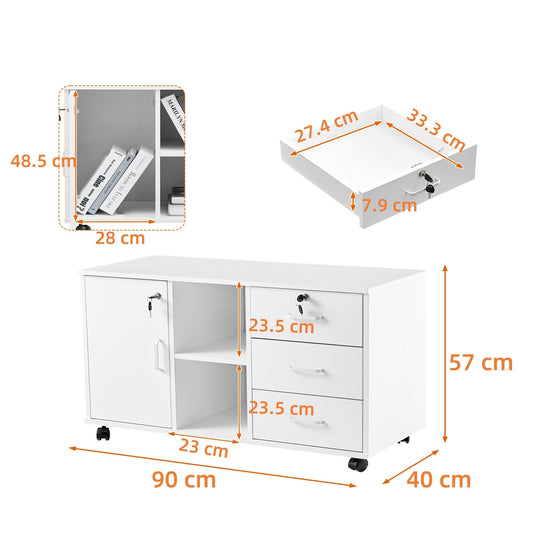 CLIPOP Rolling File Cabinet Office Cabinet with Wheels, Mobile Filing Cabinet Lockable with 3 Drawers, Closed and Open Storage Space, Under Desk Cabinet for A4 Paper, Letters, Files, White