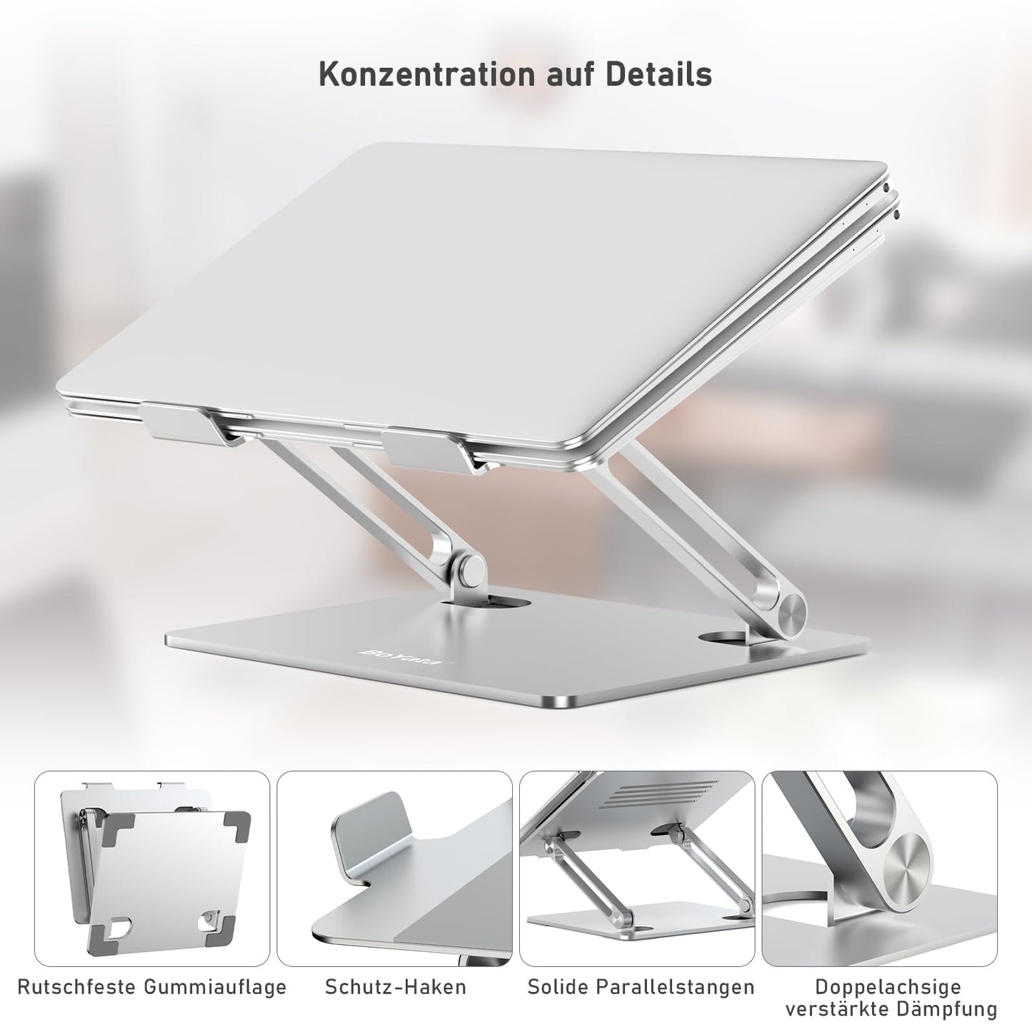 Boyata laptop stand, multi-angle laptop stand with heat-vent, adjustable notebook stand compatible for laptops (10-15 inch) including MacBook Pro/Air, Dell, HP, Samsung (Silver)