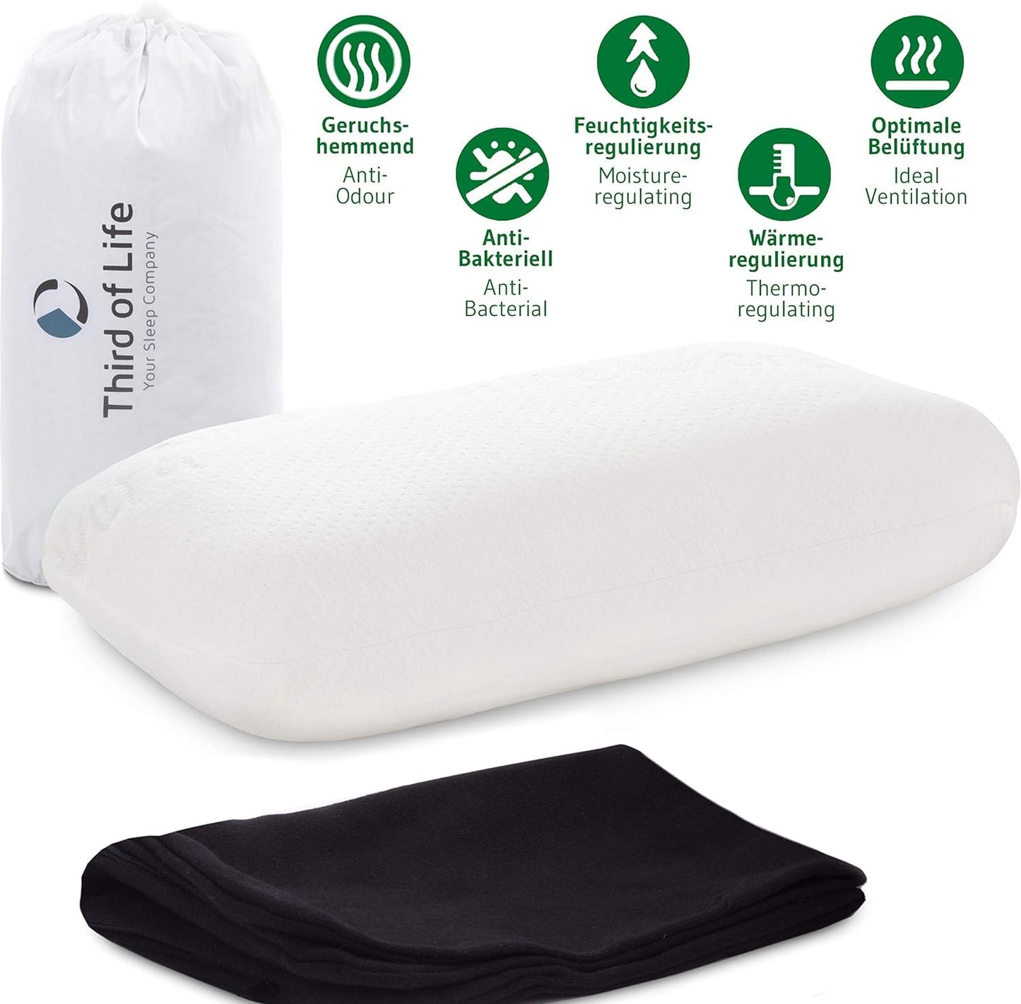 Travel pillow VOLAR Aloe Vera made of visco foam with bamboo activated charcoal | Orthopedic neck pillow with free cotton cover | Neck support pillow, headrest for travel, car, camping | 40x25x10 cm