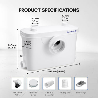 Aquamatix lifting station 400W Sanitary waste pump 100L/min 6.5m vertical discharge distance with 3 inlets for toilet, sink, and bathtub with charcoal filter.