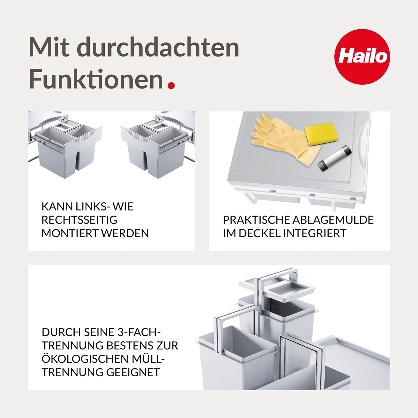 Hailo Space-saving Tandem 3644731 built-in waste separator with 3 compartments - kitchen trash can for installation in the base cabinet - 12 and 2x 8 L - waste bin with full extension for revolving door cabinets from 50 cm - Light grey