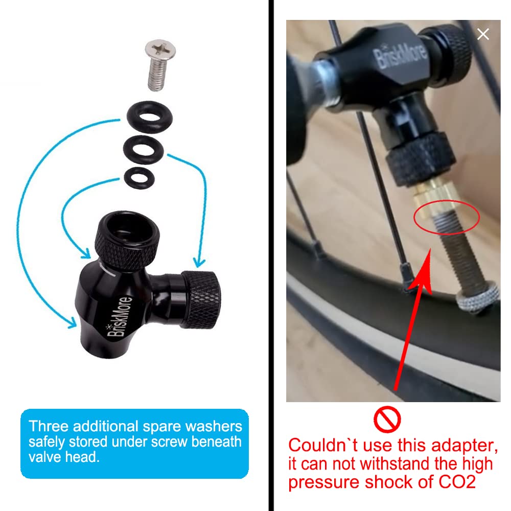 BriskMore CO2 inflator kit with 5 x 16g CO2 cartridges for bike tires, Presta and Schrader valve compatible, bike tire pump for mountain and road bikes, includes insulating sleeve.