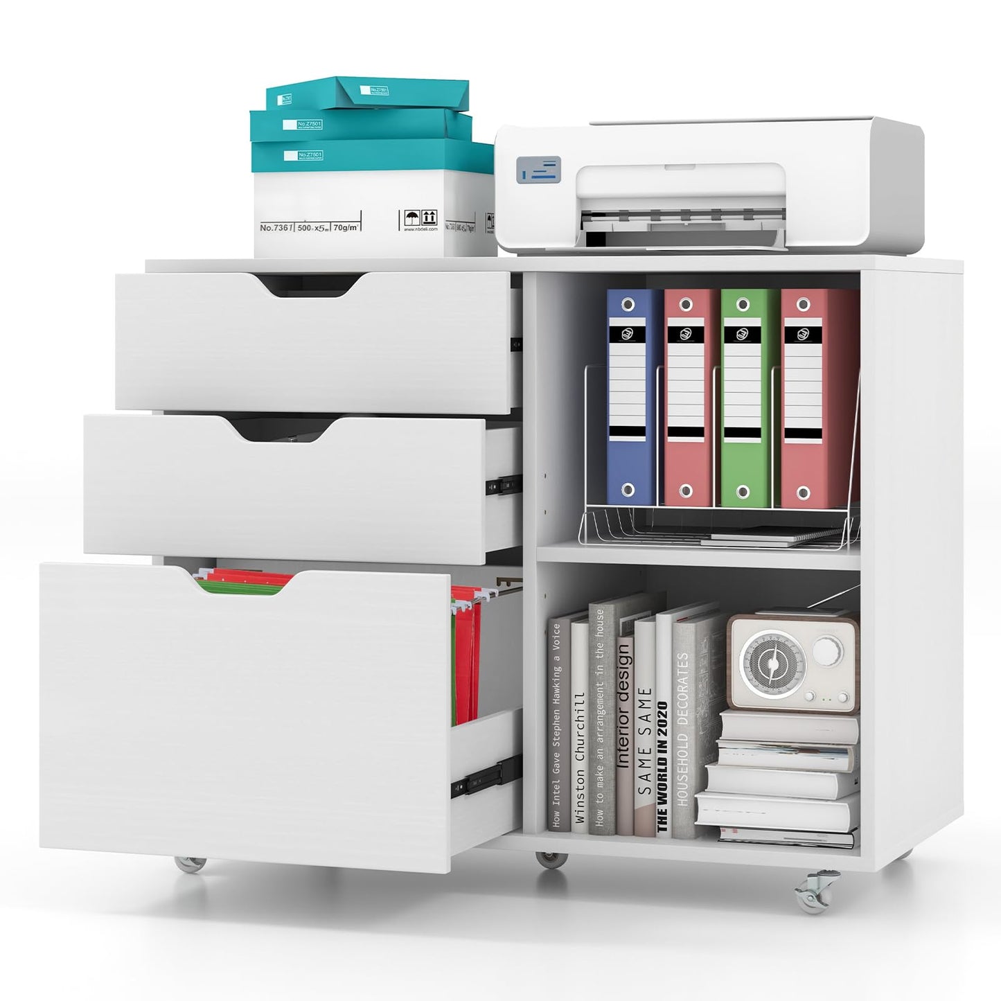 COSTWAY rolling container with 3 drawers, file cabinet with wheels and open compartments, printer stand, office cabinet for documents in DIN A4, letter format, legal format (white)