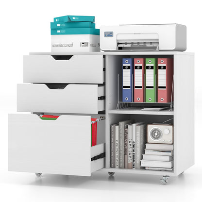 COSTWAY rolling container with 3 drawers, file cabinet with wheels and open compartments, printer stand, office cabinet for documents in DIN A4, letter format, legal format (white)