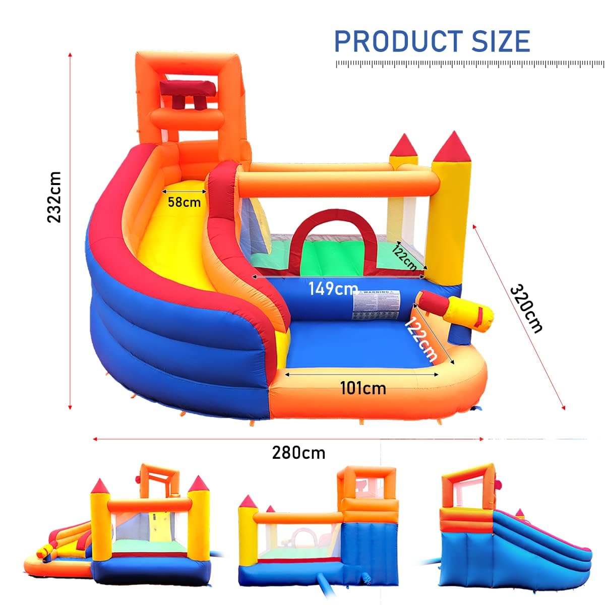 Ballsea Large Bouncy Castle with Blower, Dry/Wet Slide, suitable for children aged 3 to 10 years, Children's Bouncy Castle for Indoor or Outdoor use 320 x 280 x 232 cm