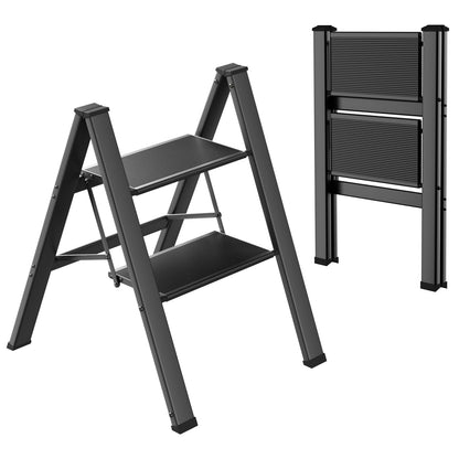 TLGREEN Aluminum Step Ladder 2-Step Folding Ladder Slip-Resistant Step Stool Household Multifunctional Step Stool Easy to Store up to 150kg Capacity for Kitchen Household Outdoor Office Black