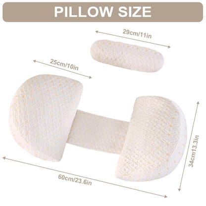 The SHANNA New Pregnancy Pillow is adjustable and comfortable for adults. It is a full body support pillow that can also be used as a nursing pillow. The cover is removable and washable. It is white in color.