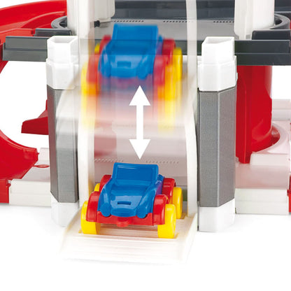 Multi-level parking garage on 3 levels with 2 high-quality vehicles, suitable for ages 12 months and up.